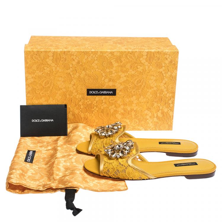 Pre Owned Dolce & Gabbana Yellow Lace Jeweled Embellishment Flat Slides Size 36