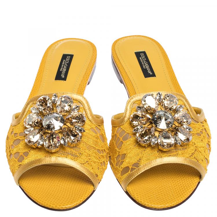 Pre Owned Dolce & Gabbana Yellow Lace Jeweled Embellishment Flat Slides Size 36