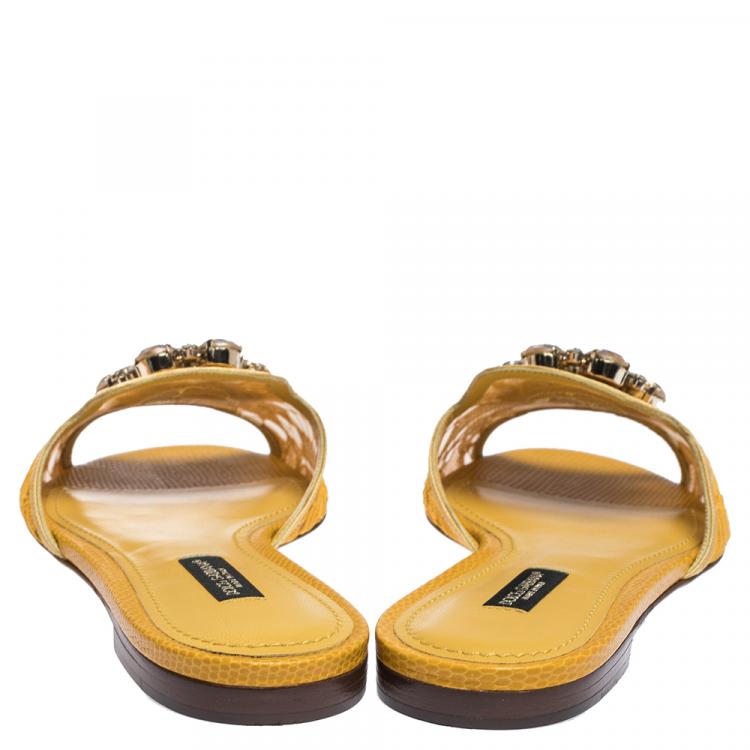 Pre Owned Dolce & Gabbana Yellow Lace Jeweled Embellishment Flat Slides Size 36