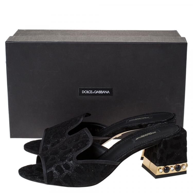 Pre Owned Dolce & Gabbana Black Flocked Leopard Block Heel Mules Size 40