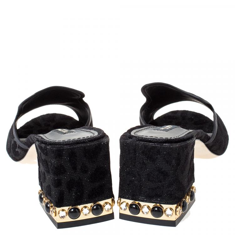 Pre Owned Dolce & Gabbana Black Flocked Leopard Block Heel Mules Size 40