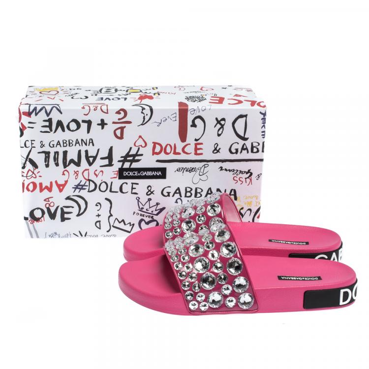 Pre Owned Dolce & Gabbana Fuchsia Leather Rhinestone Embellishment Slides Size 39
