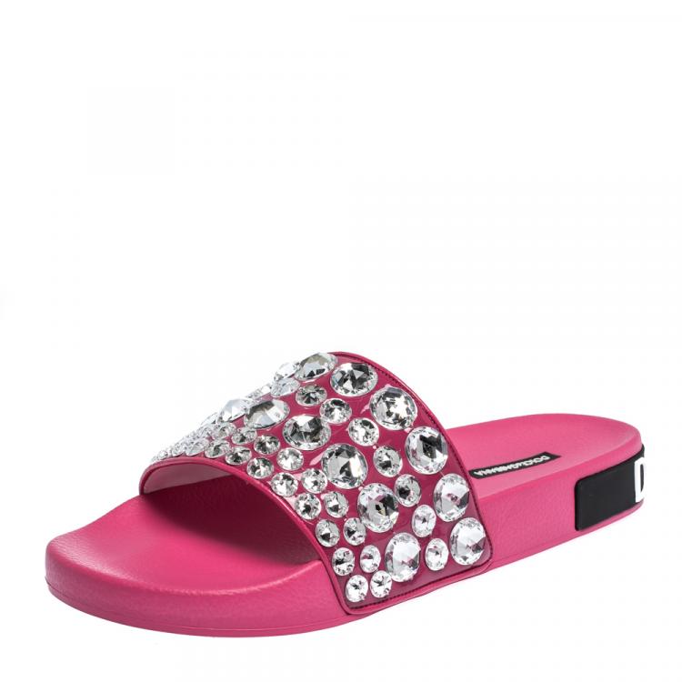 Pre Owned Dolce & Gabbana Fuchsia Leather Rhinestone Embellishment Slides Size 39