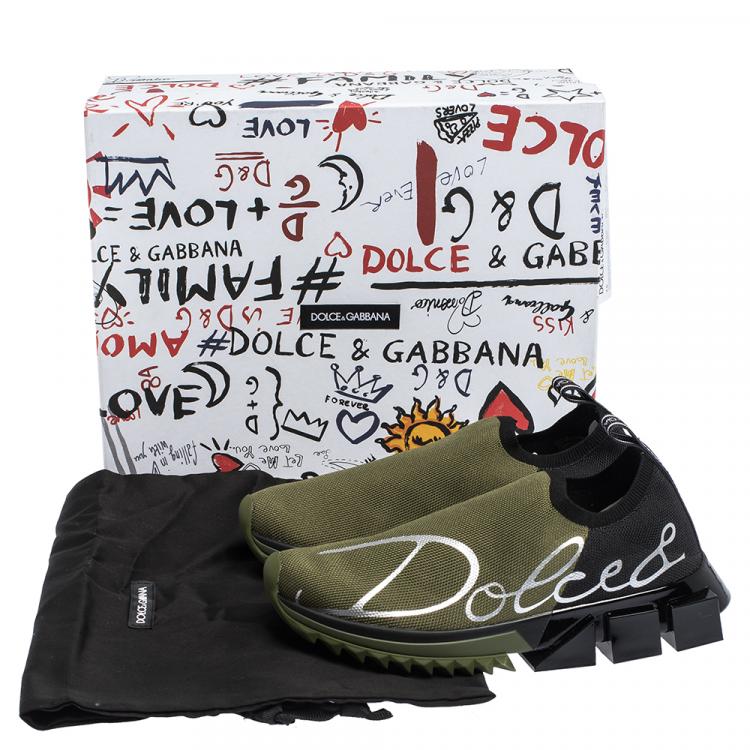 Pre Owned Dolce & Gabbana Military Green/Black Stretch Jersey Logo Print Slip On Sneakers Size 37