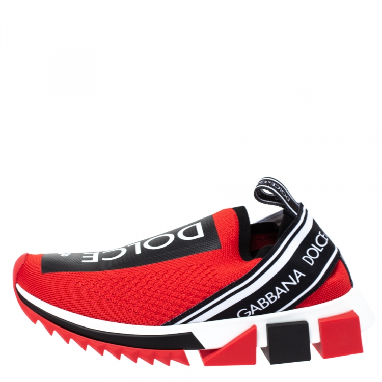 Pre Owned Dolce & Gabbana Red Stretch Fabric Jersey Sorrento Logo Print Slip On Sneakers Size 36