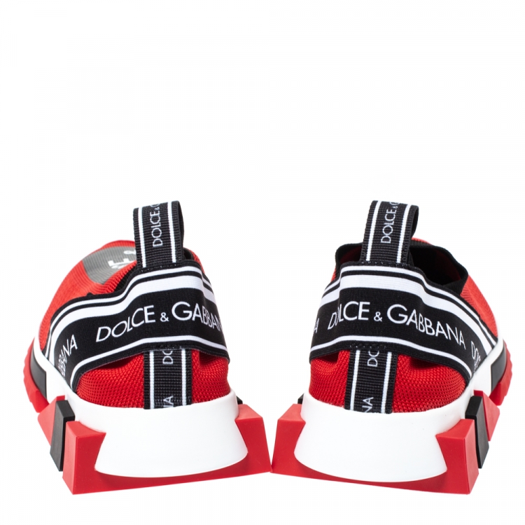Pre Owned Dolce & Gabbana Red Stretch Fabric Jersey Sorrento Logo Print Slip On Sneakers Size 36