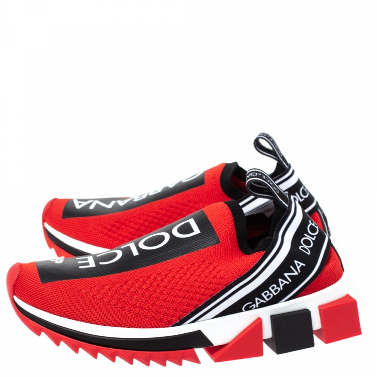 Pre Owned Dolce & Gabbana Red Stretch Fabric Jersey Sorrento Logo Print Slip On Sneakers Size 36
