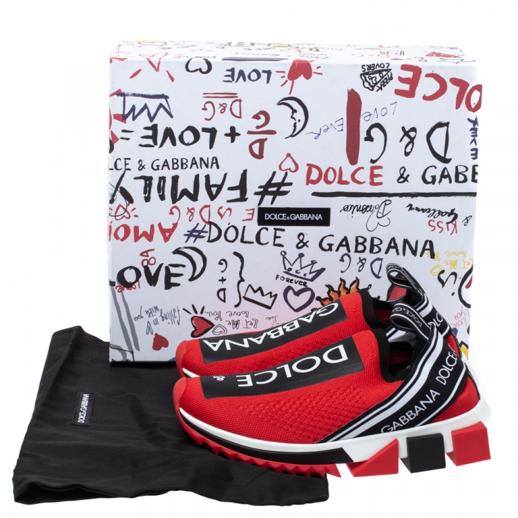 Pre Owned Dolce & Gabbana Red Stretch Fabric Jersey Sorrento Logo Print Slip On Sneakers Size 36