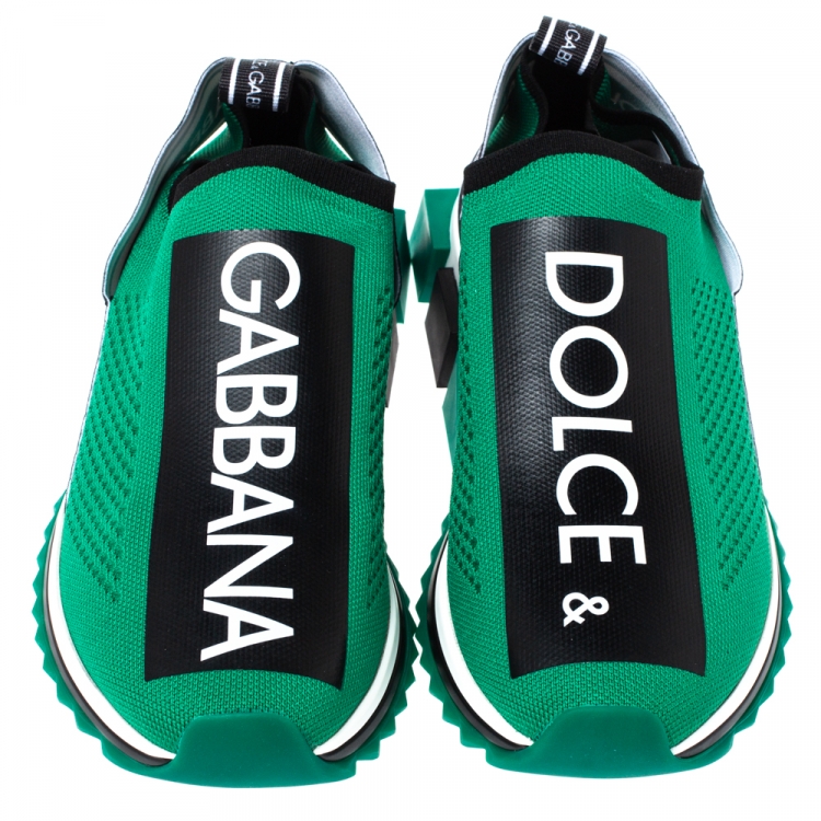 Pre Owned Dolce & Gabbana Green Stretch Fabric Sorrento Jersey Logo Print Slip On Sneakers Size 41