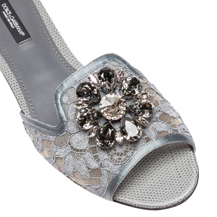 Pre Owned Dolce & Gabbana Grey Lace Jeweled Embellishment Flat Slides Size 39