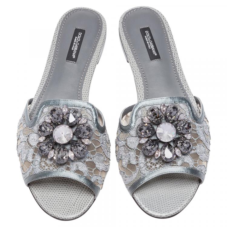 Pre Owned Dolce & Gabbana Grey Lace Jeweled Embellishment Flat Slides Size 39