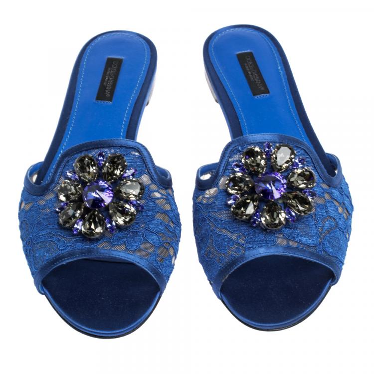 Pre Owned Dolce & Gabbana Blue Lace Jeweled Embellishment Flat Slides Size 39