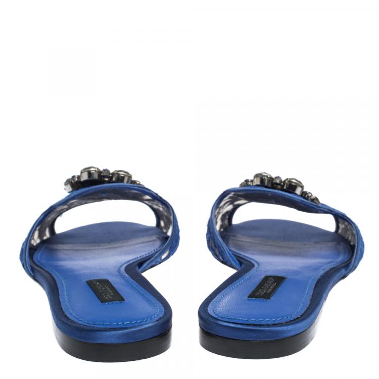Pre Owned Dolce & Gabbana Blue Lace Jeweled Embellishment Flat Slides Size 39