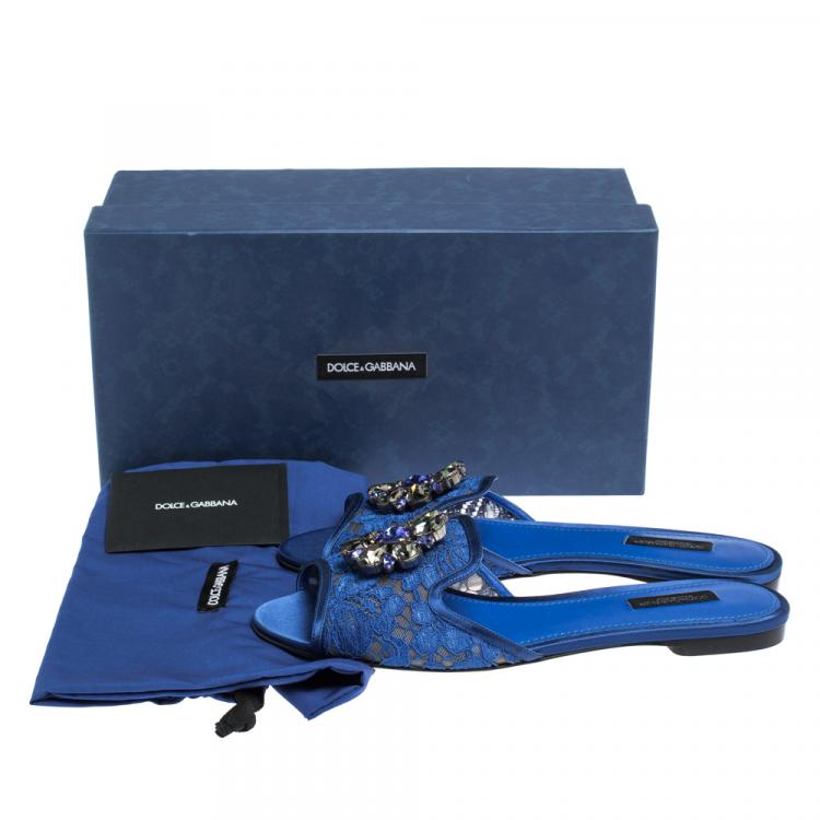 Pre Owned Dolce & Gabbana Blue Lace Jeweled Embellishment Flat Slides Size 39