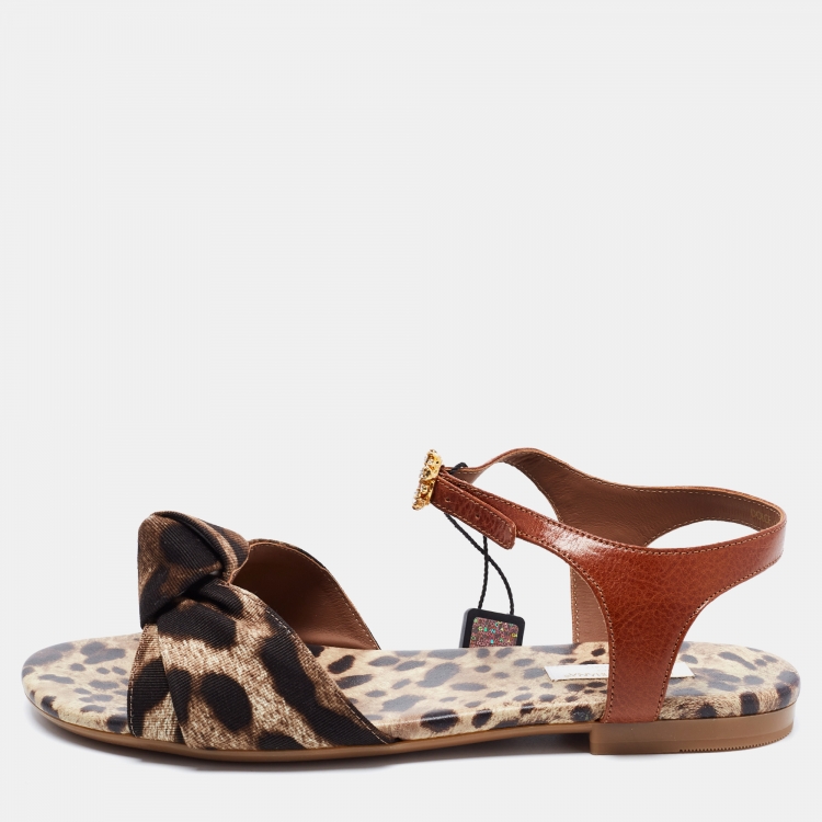 Pre Owned Dolce & Gabbana Brown Leather and Canvas Ankle Strap Flat Sandals Size 37