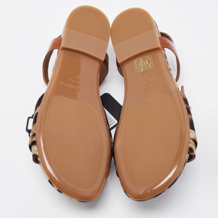 Pre Owned Dolce & Gabbana Brown Leather and Canvas Ankle Strap Flat Sandals Size 37