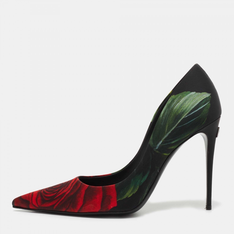 Pre Owned Dolce & Gabbana Black Satin Floral Print Pumps Size 38