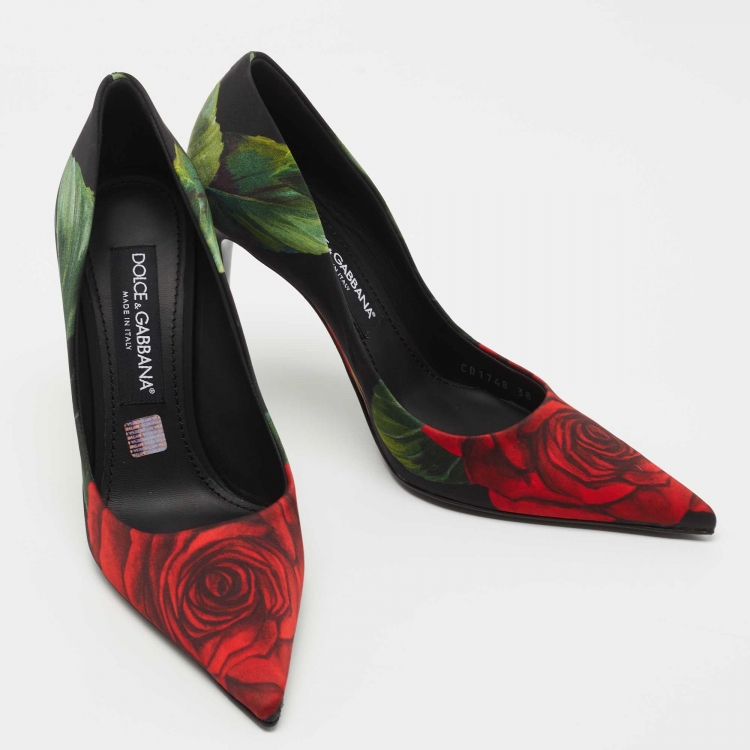 Pre Owned Dolce & Gabbana Black Satin Floral Print Pumps Size 38