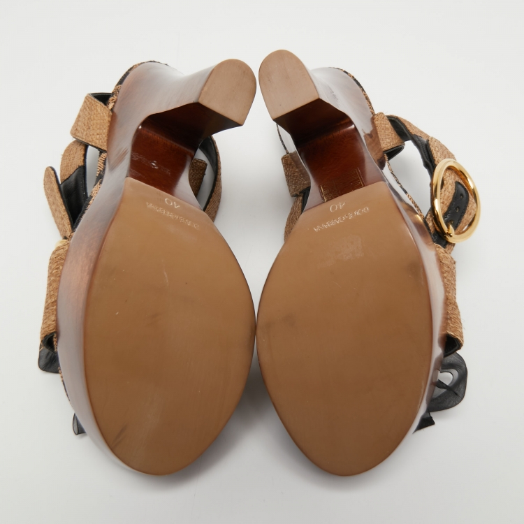 Pre Owned Dolce & Gabbana Brown Raffia Platform Ankle Strap Sandals Size 40