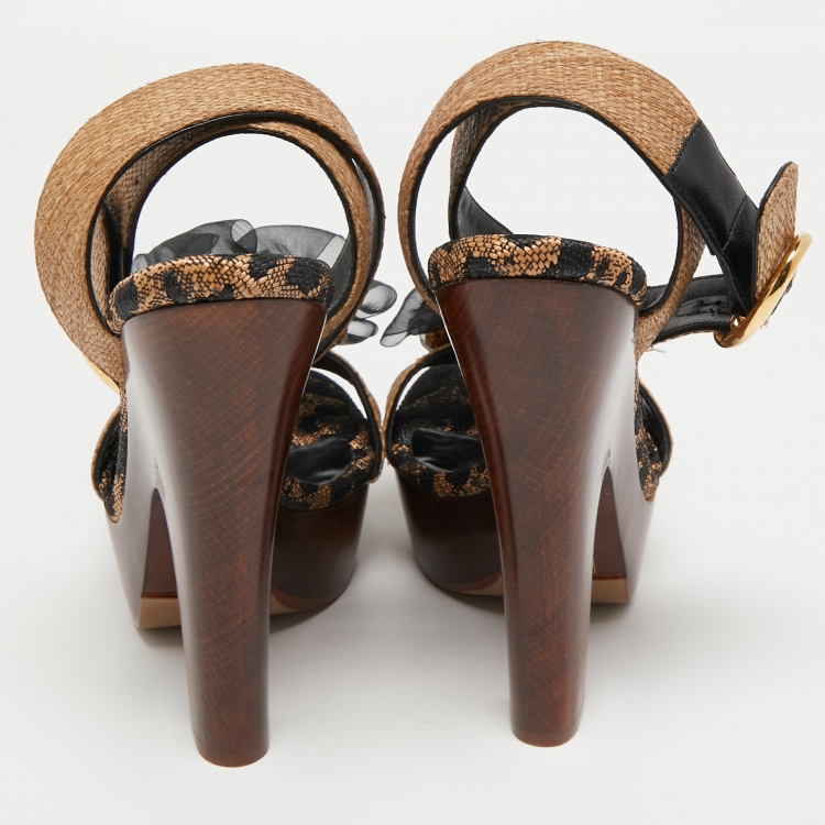 Pre Owned Dolce & Gabbana Brown Raffia Platform Ankle Strap Sandals Size 40