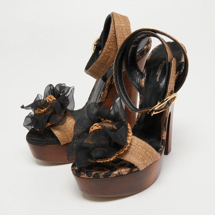 Pre Owned Dolce & Gabbana Brown Raffia Platform Ankle Strap Sandals Size 40