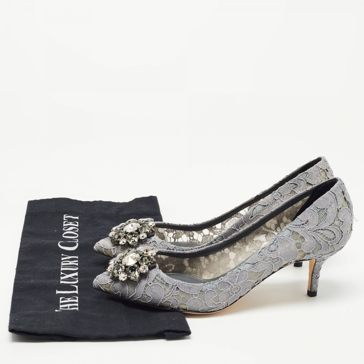 Pre Owned Dolce & Gabbana Grey Lace Crystal Embellished Bellucci Pumps Size 37.5
