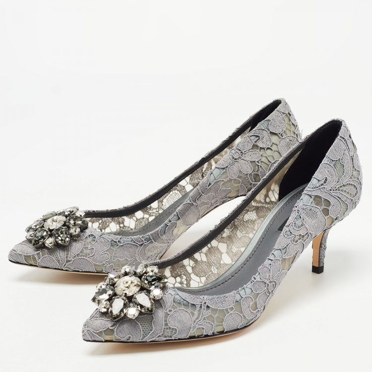 Pre Owned Dolce & Gabbana Grey Lace Crystal Embellished Bellucci Pumps Size 37.5