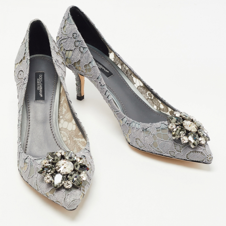 Pre Owned Dolce & Gabbana Grey Lace Crystal Embellished Bellucci Pumps Size 37.5