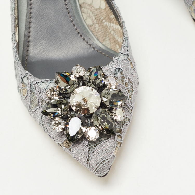 Pre Owned Dolce & Gabbana Grey Lace Crystal Embellished Bellucci Pumps Size 37.5