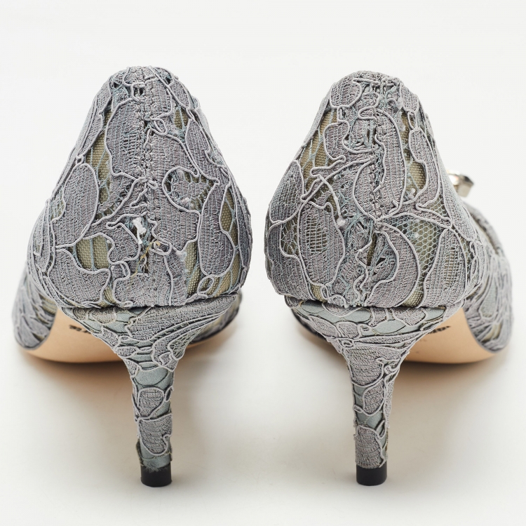Pre Owned Dolce & Gabbana Grey Lace Crystal Embellished Bellucci Pumps Size 37.5