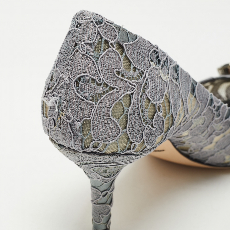 Pre Owned Dolce & Gabbana Grey Lace Crystal Embellished Bellucci Pumps Size 37.5