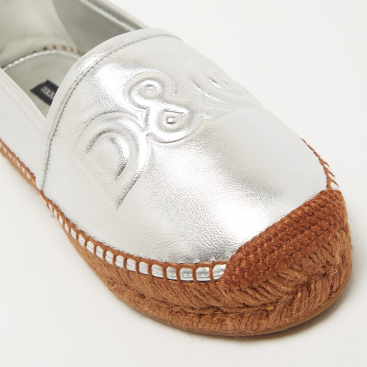 Pre Owned Dolce & Gabbana Silver Leather Espadrille Flats Size 37