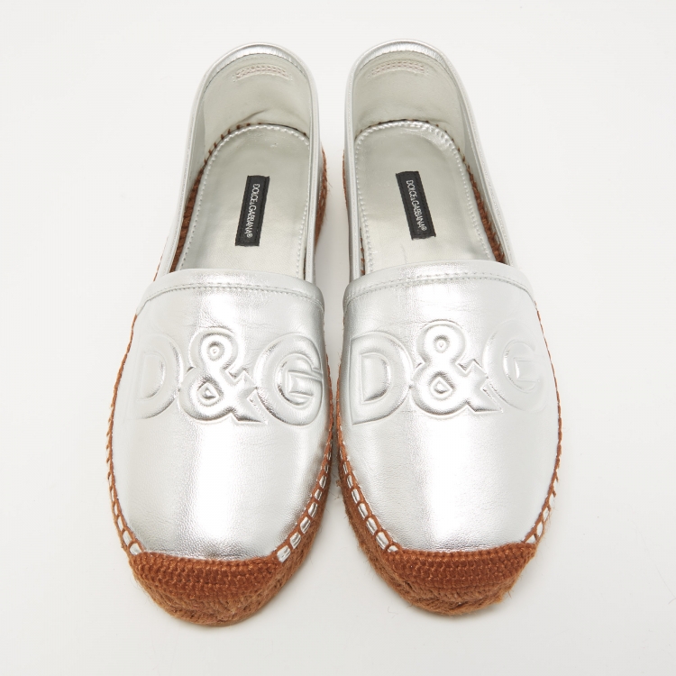 Pre Owned Dolce & Gabbana Silver Leather Espadrille Flats Size 37