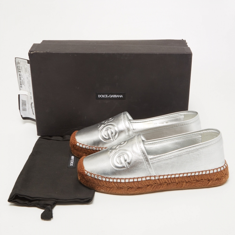 Pre Owned Dolce & Gabbana Silver Leather Espadrille Flats Size 37