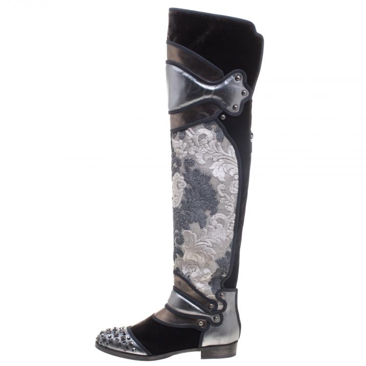 Pre Owned Dolce And Gabbana Grey Metallic Brocade, Leather And Velvet Over The Knee Boots Size 39