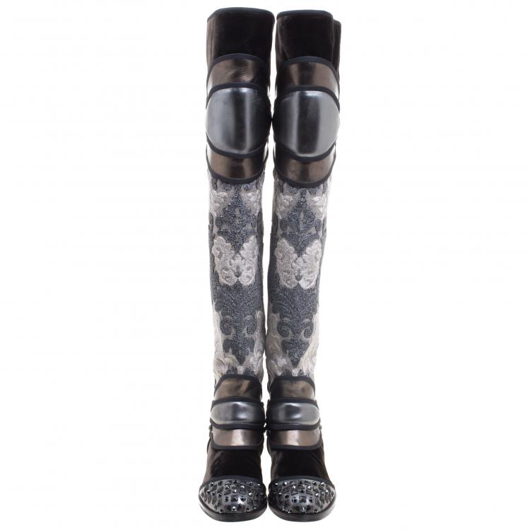 Pre Owned Dolce And Gabbana Grey Metallic Brocade, Leather And Velvet Over The Knee Boots Size 39