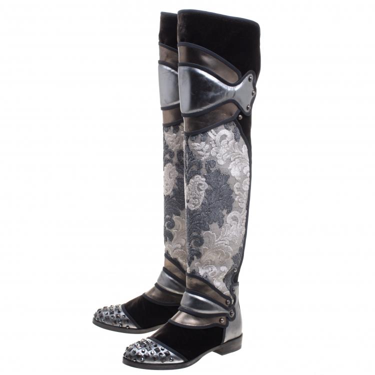 Pre Owned Dolce And Gabbana Grey Metallic Brocade, Leather And Velvet Over The Knee Boots Size 39