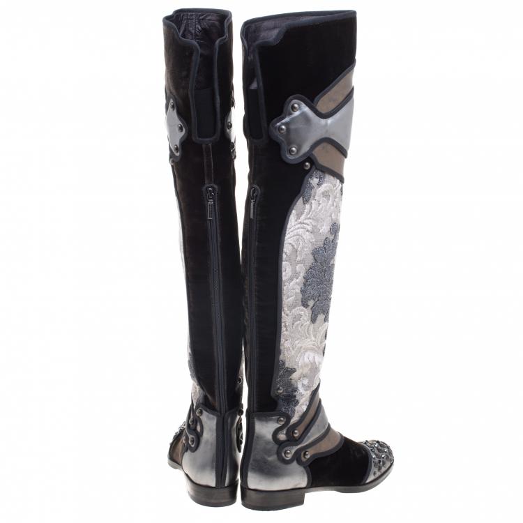 Pre Owned Dolce And Gabbana Grey Metallic Brocade, Leather And Velvet Over The Knee Boots Size 39