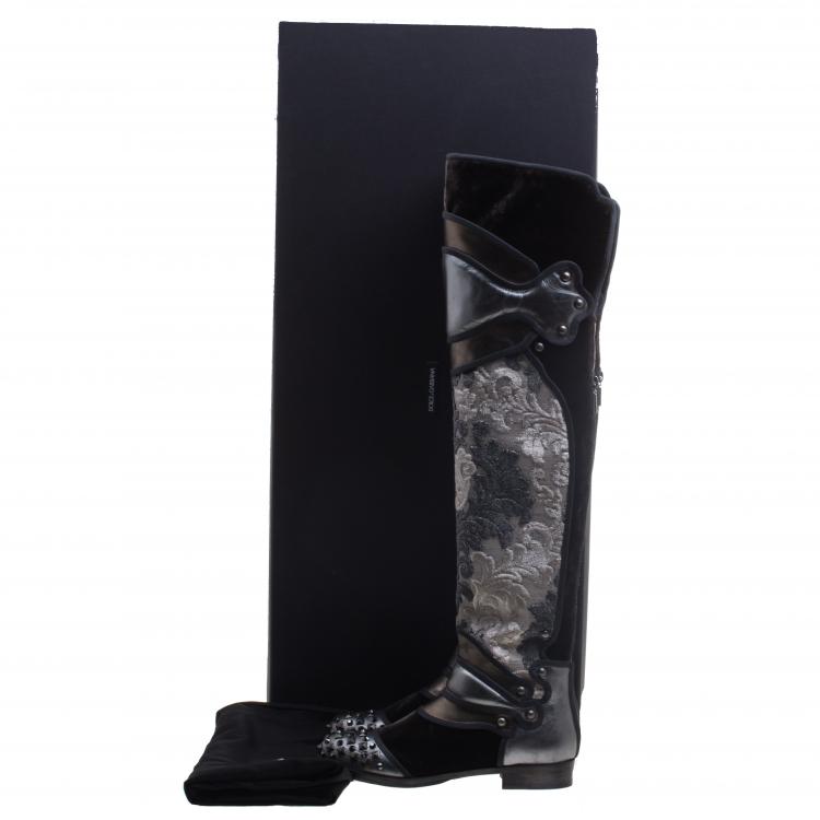Pre Owned Dolce And Gabbana Grey Metallic Brocade, Leather And Velvet Over The Knee Boots Size 39