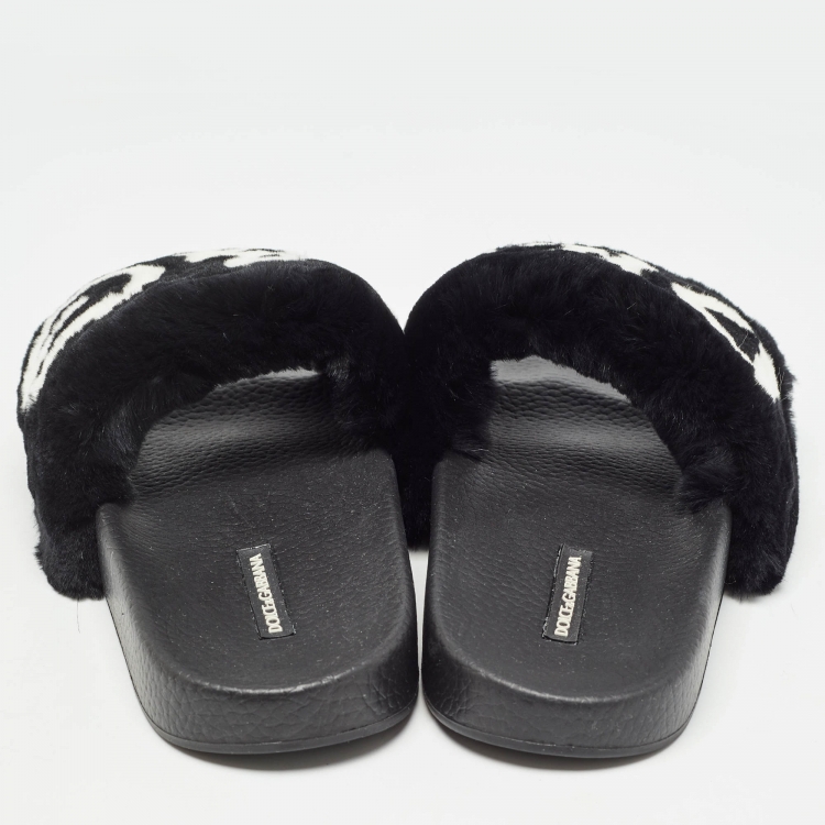 Pre Owned Dolce & Gabbana Black Fur Logo Print Slides Size 37