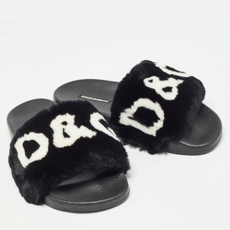 Pre Owned Dolce & Gabbana Black Fur Logo Print Slides Size 37