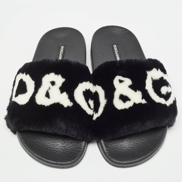 Pre Owned Dolce & Gabbana Black Fur Logo Print Slides Size 37