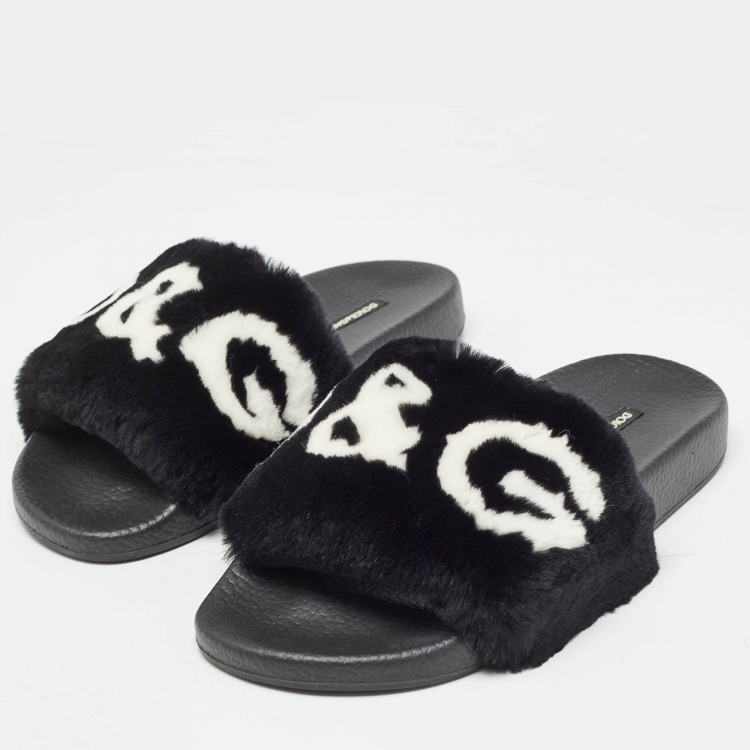 Pre Owned Dolce & Gabbana Black Fur Logo Print Slides Size 37