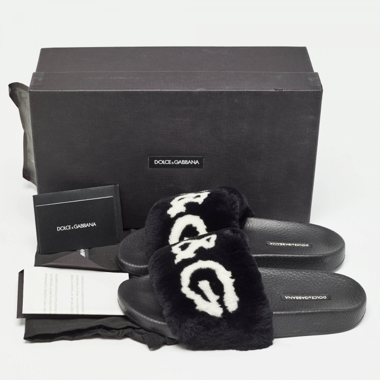 Pre Owned Dolce & Gabbana Black Fur Logo Print Slides Size 37