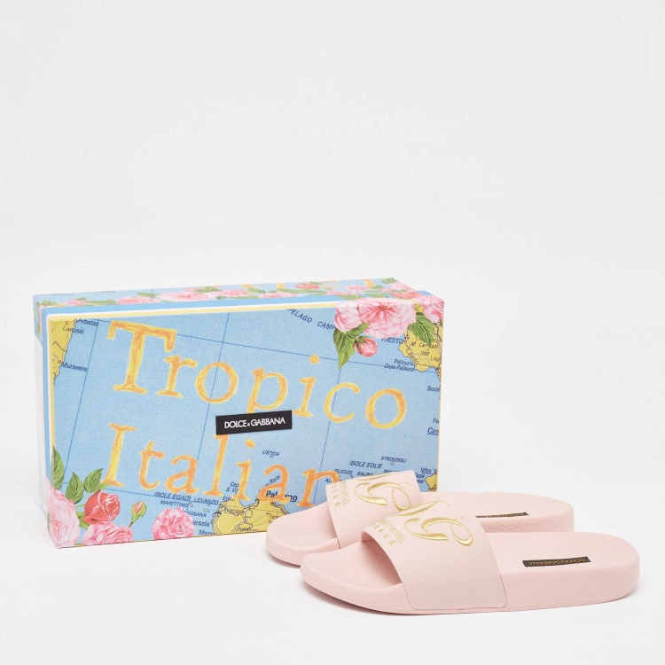 Pre Owned Dolce & Gabbana Pink Rubber Embroidered Logo Slides Size 37