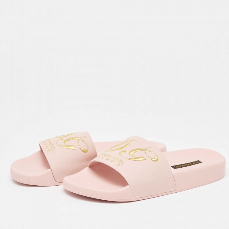 Pre Owned Dolce & Gabbana Pink Rubber Embroidered Logo Slides Size 37