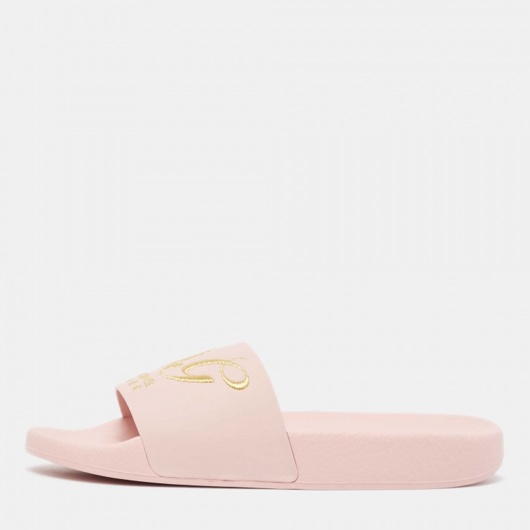 Pre Owned Dolce & Gabbana Pink Rubber Embroidered Logo Slides Size 37