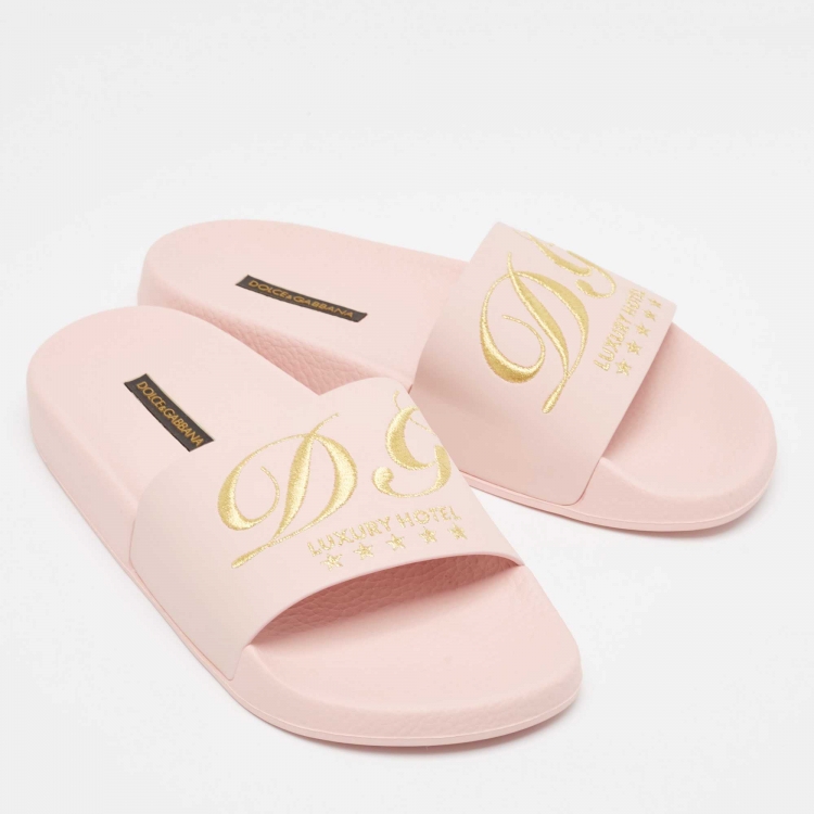 Pre Owned Dolce & Gabbana Pink Rubber Embroidered Logo Slides Size 37