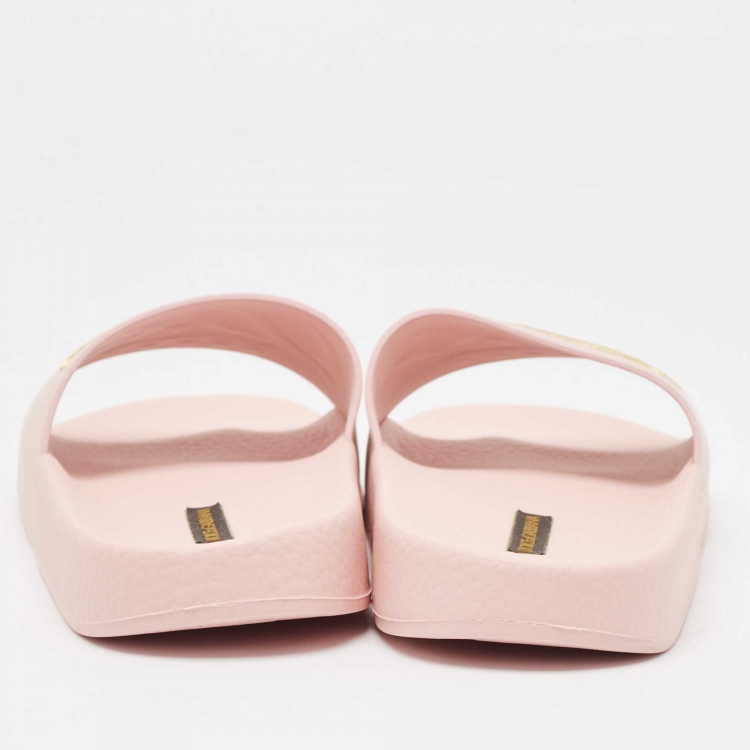 Pre Owned Dolce & Gabbana Pink Rubber Embroidered Logo Slides Size 37