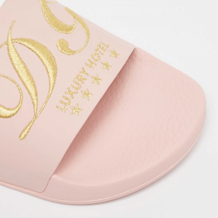 Pre Owned Dolce & Gabbana Pink Rubber Embroidered Logo Slides Size 37